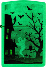 Load image into Gallery viewer, Zippo Lighter - Personalized Custom Message Engraved on Backside for Ghost Owl Scary Spooky Halloween Design - Glow-in-The-Dark Green Windproof Pocket Lighter 48727