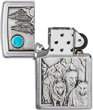 Load image into Gallery viewer, Zippo Wolf Pack and Moon Emblem Brushed Chrome Pocket Lighter