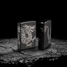 Load image into Gallery viewer, Zippo Lighter - Custom Engraved with Your Message for Lucky Dragon Design High Polish Black Pocket Lighter 46260