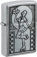 Load image into Gallery viewer, Zippo Lighter - Personalized Custom Message Engraved on Backside for Roller Skating Waitress Emblem Brushed Chrome Windproof Pocket Lighter 48904