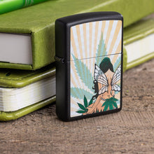 Load image into Gallery viewer, Zippo Lighter- Custom Message Engraved on Fairy with Weed Leaf Black Matte 46576