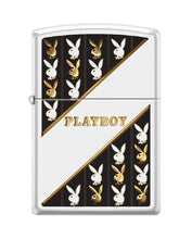 Load image into Gallery viewer, Zippo Lighter -Personalized Customize Message Engrave on Backside for Playboy Rabbit Head Design Bunny Diagonals Lines Patterns White Matte #Z5332