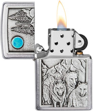 Load image into Gallery viewer, Zippo Wolf Pack and Moon Emblem Brushed Chrome Pocket Lighter