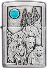 Load image into Gallery viewer, Zippo Wolf Pack and Moon Emblem Brushed Chrome Pocket Lighter
