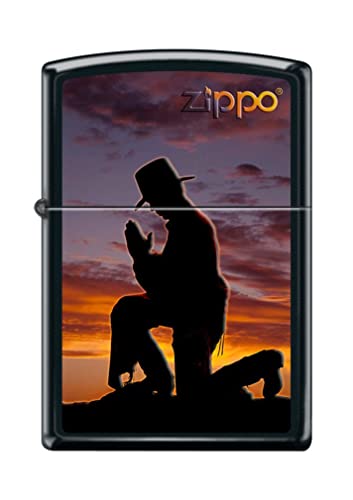 Zippo Lighter- Personalized Engrave for Praying Cowboy Sunset Black Matte Z5110