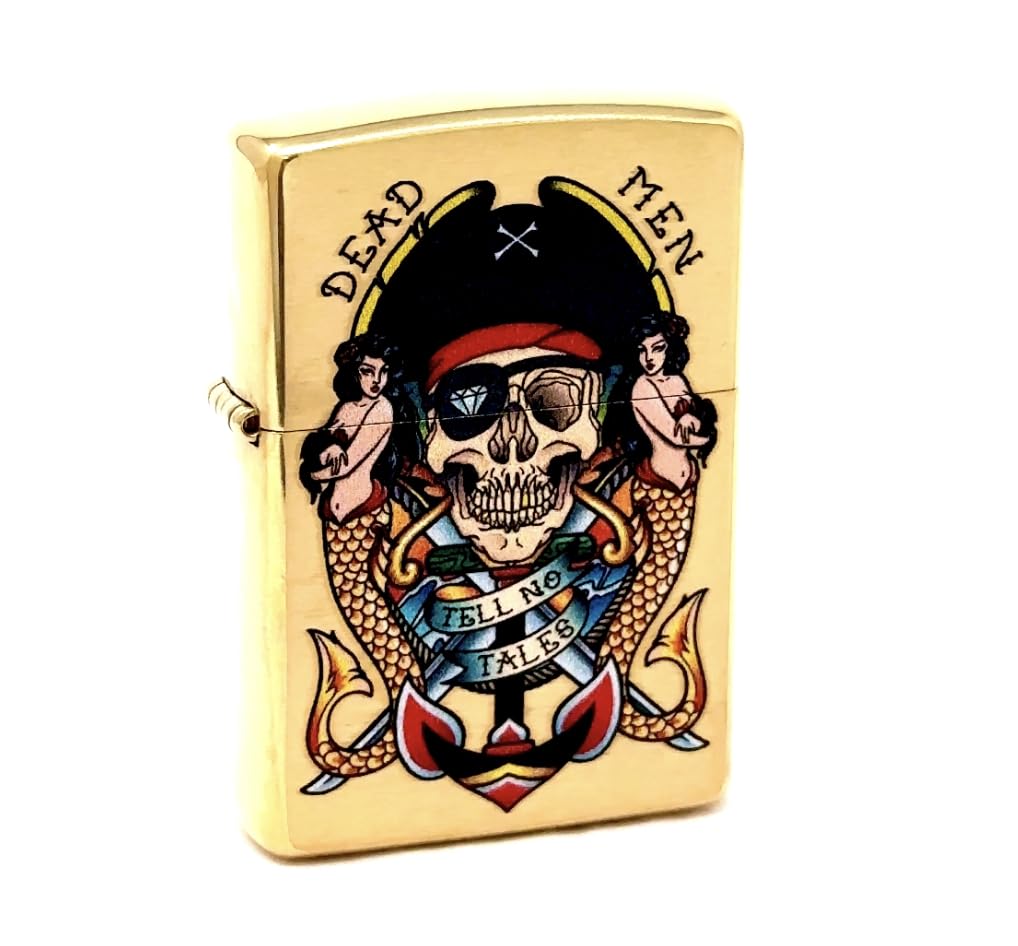 Zippo Lighter- Pirate Logo Skull Mermaids Brushed Brass Windproof Lighter #Z5276