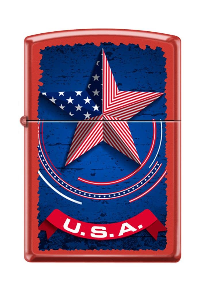 Zippo Lighter- U.S.A. Banner Flag and Star Red Matte Windproof Lighter #Z5125