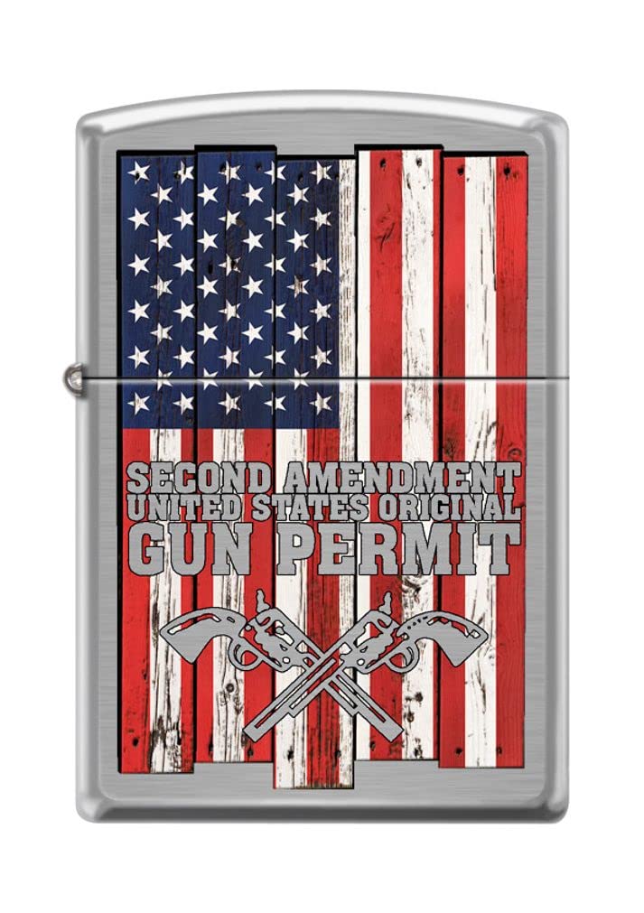 Zippo Lighter- Second 2nd Amendment Gun Permit Brushed Chrome Windproof Lighter #Z5263