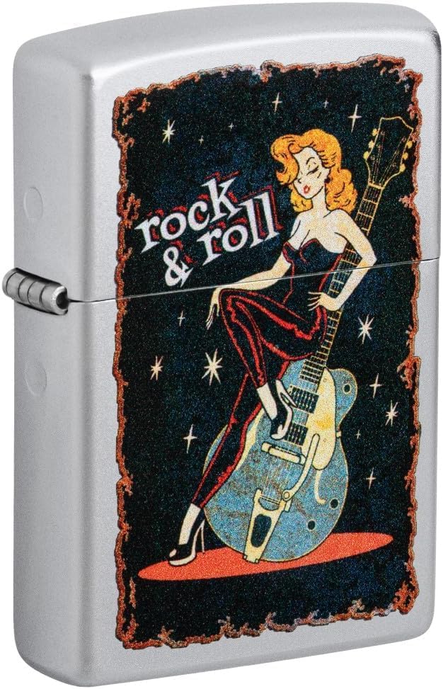 Zippo Lighter - Personalized Custom Message Engrave on Backside Rock and Roll Girl with Guitar - Satin Chrome 48930