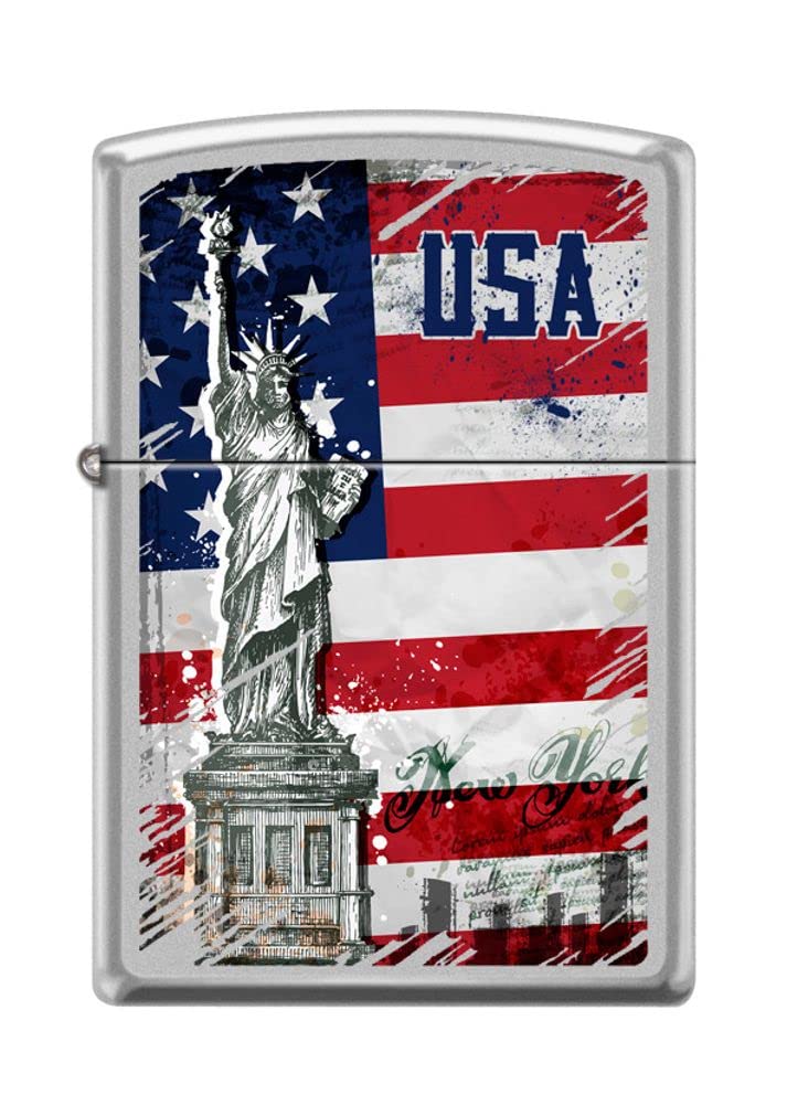 Zippo Lighter- USA Statue Liberty Flag New York Satin Chrome Windproof Lighter #Z5159