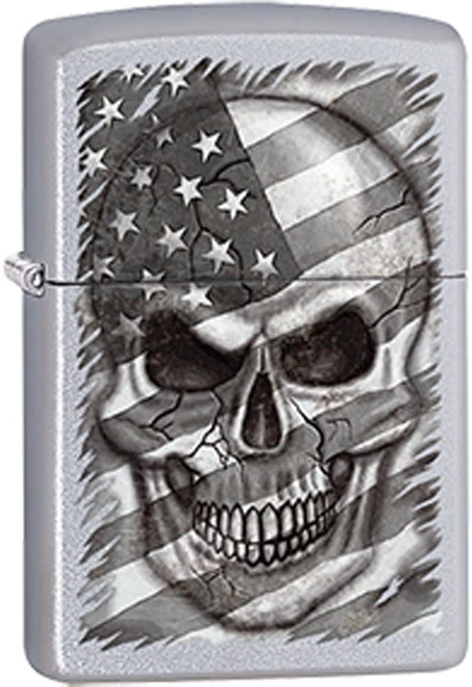 Zippo Lighter - Death Skull Behind American Flag Satin Chrome Windproof Lighter #Z5139