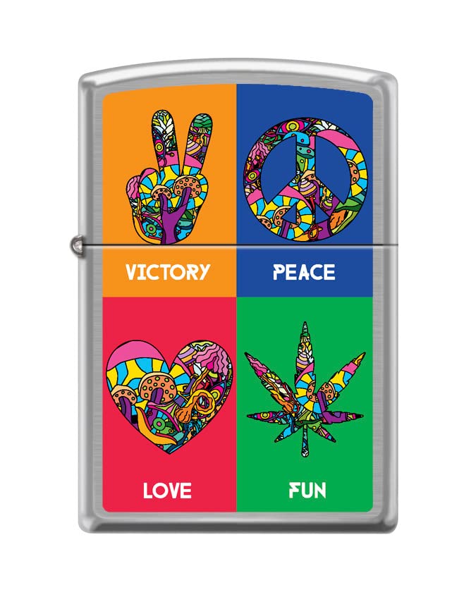 Zippo Lighter-Personalized Custom Message Engraved on Backside Hippie Symbols Brushed Chrome Windproof Lighter Z5428