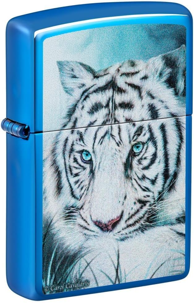 Zippo Lighter - Personalized Custom Message Engrave on Backside for Carol Cavalaris White Tiger, Spirit of Sensuality - High Polish Blue 48951
