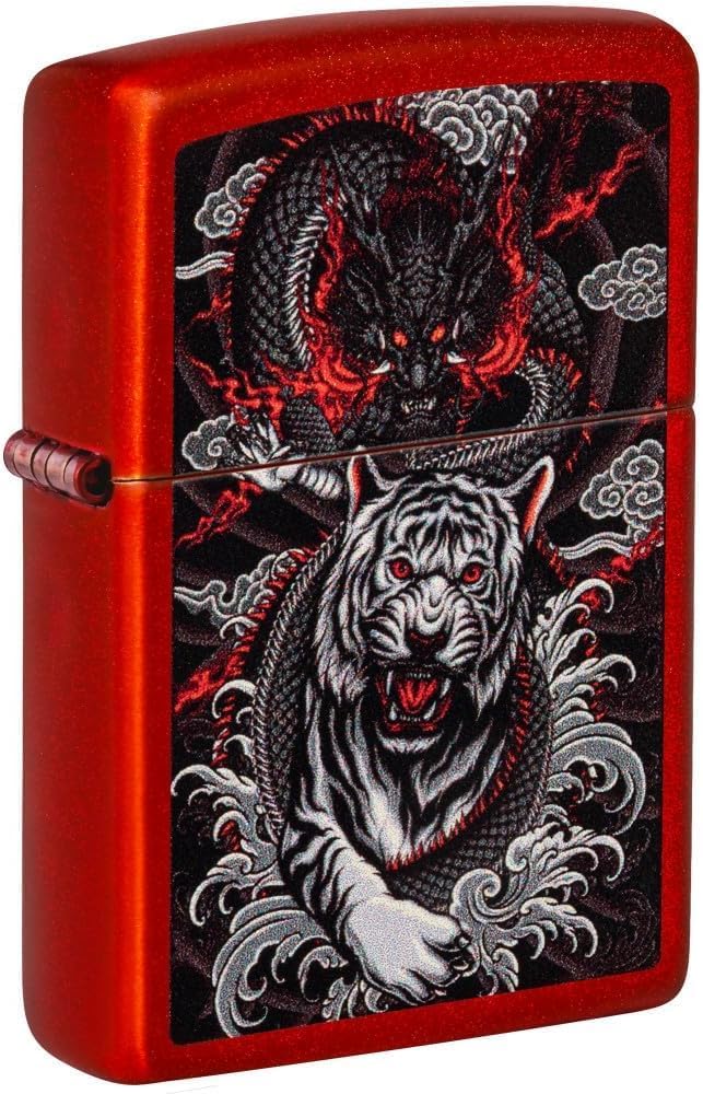 Zippo Lighter - Personalized Custom Message Engrave on Backside Dragon and Tiger - Metallic Red 48933